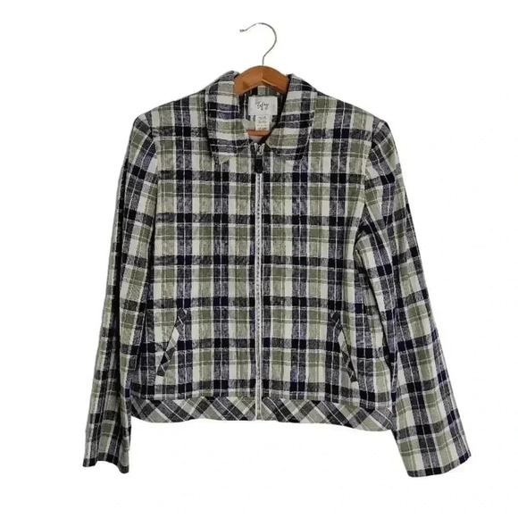 Vintage Tofy Green Blue Plaid Zip Up Jacket Women's Size 12 - Picture 1 of 7